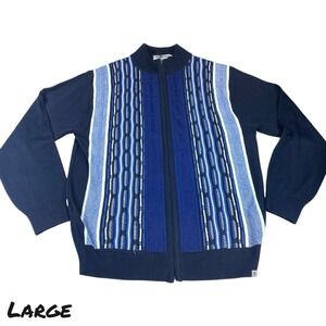 Stacy Adams Sweater Mens LARGE Blue Pullover 3D Textured Full Zip Pullover